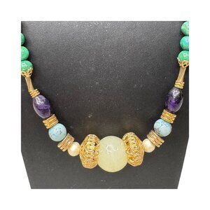 Vintage Luxe Gemstone Beaded Necklace Turquoise Malachite Amethyst Gold Accents